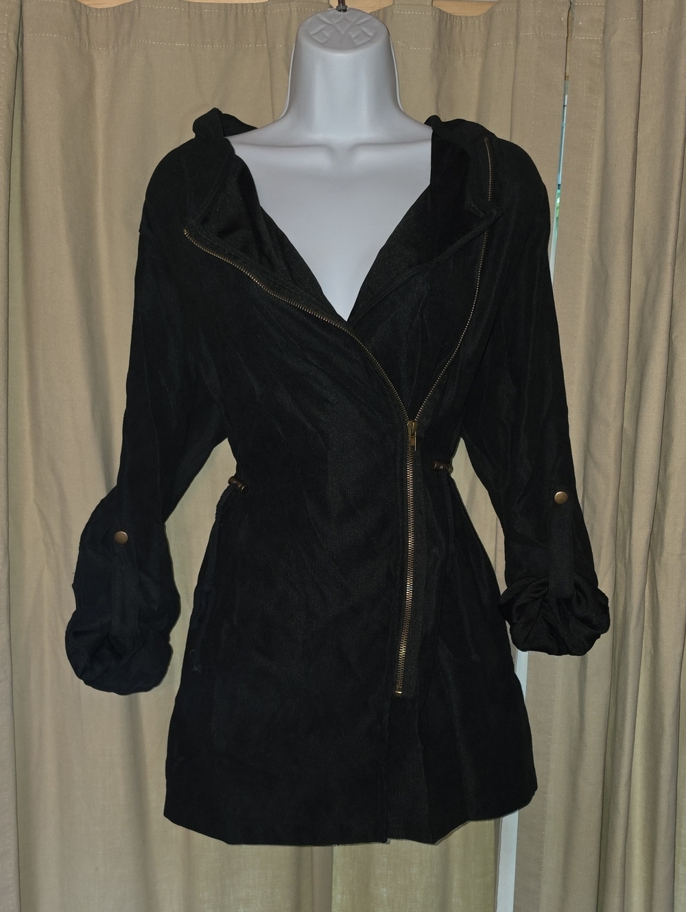 Women's Black Hooded Trench Coat with Zip-Front